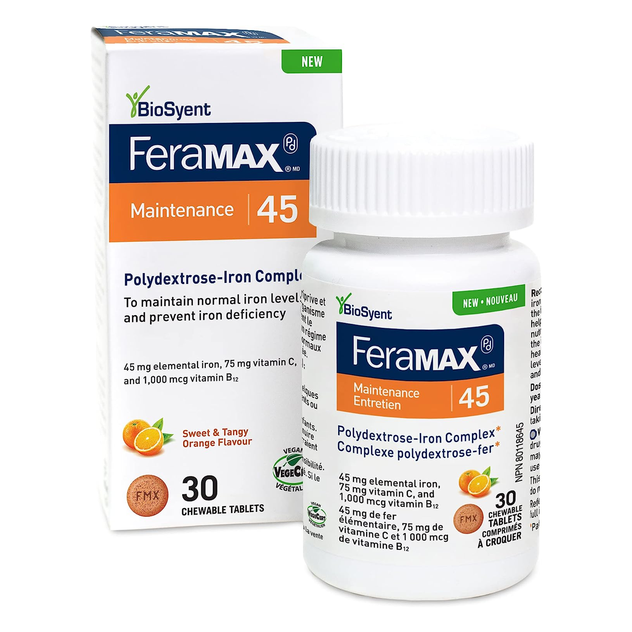 BioSyent - FeraMAX Pd Maintenance 45 Iron Supplement for Prevention of Iron Deficiency - Orange Flavor | 45mg x 30 Chewable Tablets