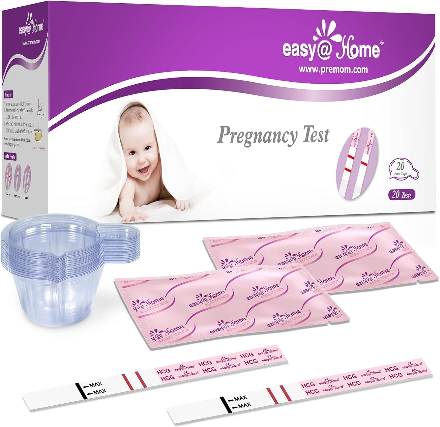 Easy@Home Pregnancy Test Strips: 20-HCG Tests with 20 Large Urine Cups| Accurate & Clear Detection