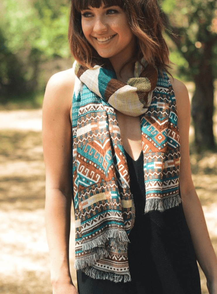 Woven Teal Mix Tribal Print Frayed Long Scarf