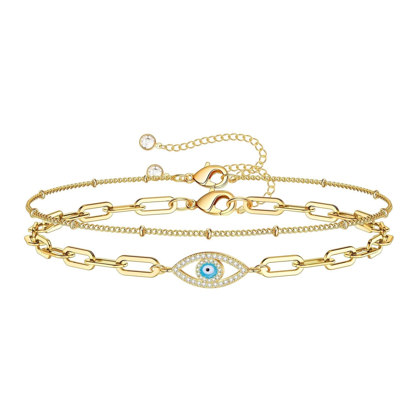 18K Gold Plated Evil Eye CZ 2 Bracelet Set