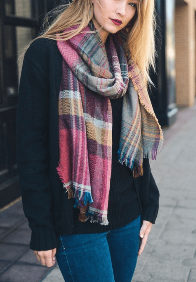 Beautiful Fuchsia Mix Plaid Winter Long Fringe Scarf