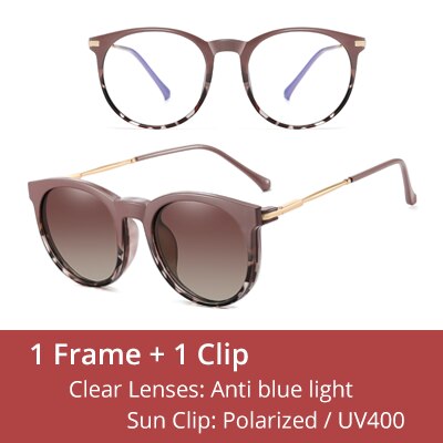 Ralferty Women's Full Rim Round Acetate Eyeglasses With Polarized Clip On Sunglasses F95975 Clip On Sunglasses Ralferty C1 Khaki Leopard China As picture