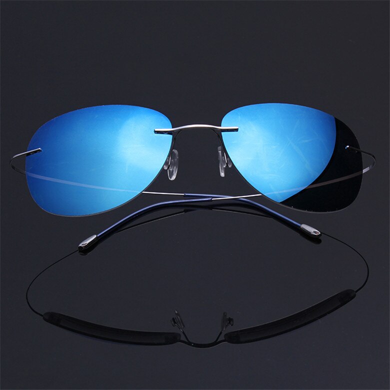 Men's Sunglasses Pure Titanium Rimless Polarized Ultra-light Flexible Sunglasses Brightzone Silver Blue