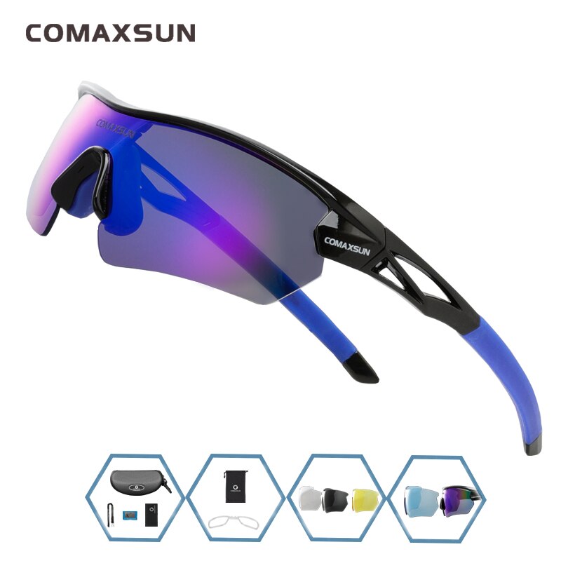 Unisex Polarized Cycling Glasses MTB TR-90 Sunglasses 5 Shades STS821 Sunglasses Comaxsun Black Blue