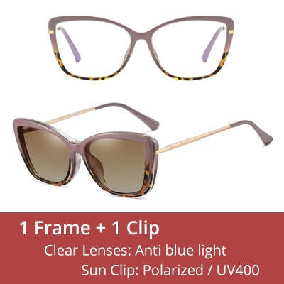 Ralferty Women's Full Rim Square Cat Eye Acetate Eyeglasses With Polarized Clip On Sunglasses D95335 Clip On Sunglasses Ralferty C3 Pink Leopard