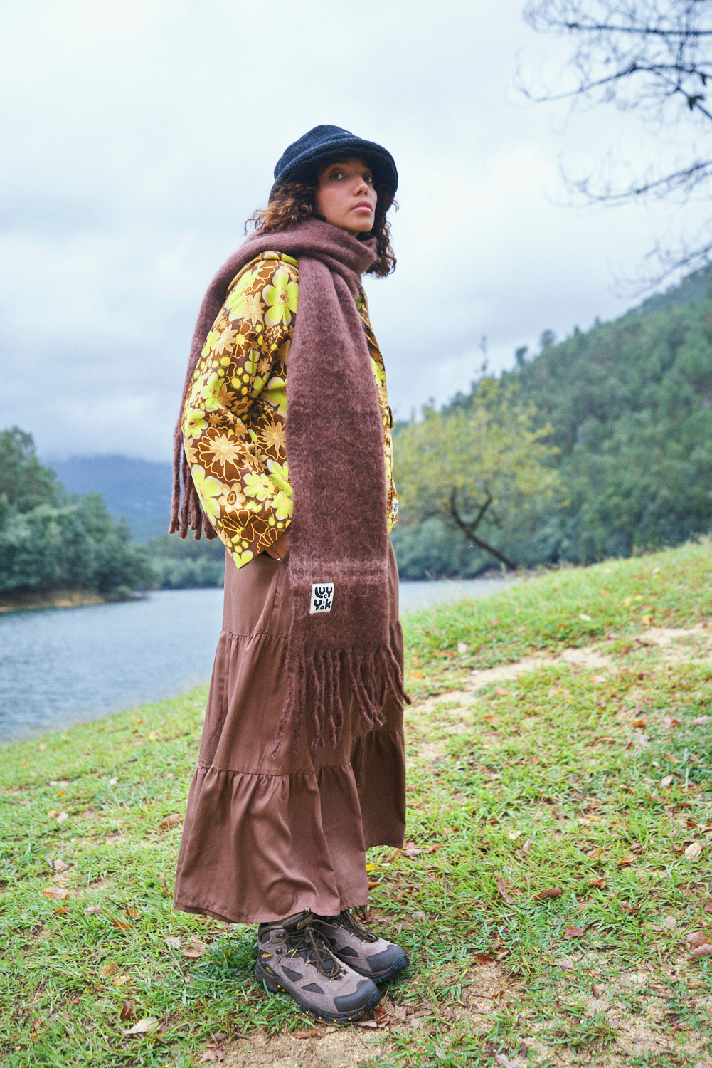 Rowan Scarf: RECYCLED POLYESTER - Brown with Pink Stripe