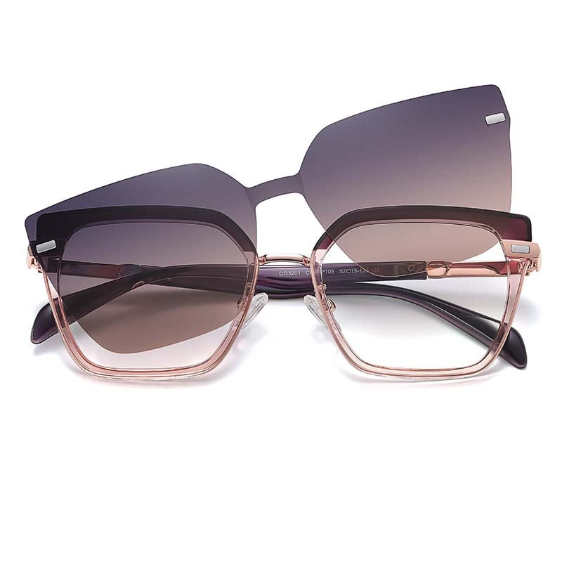 CCSpace Full Rim Square Cat Eye Tr 90 Titanium Eyeglasses With Clip On Sunglasses 54894 Clip On Sunglasses CCspace PurplePink 54894