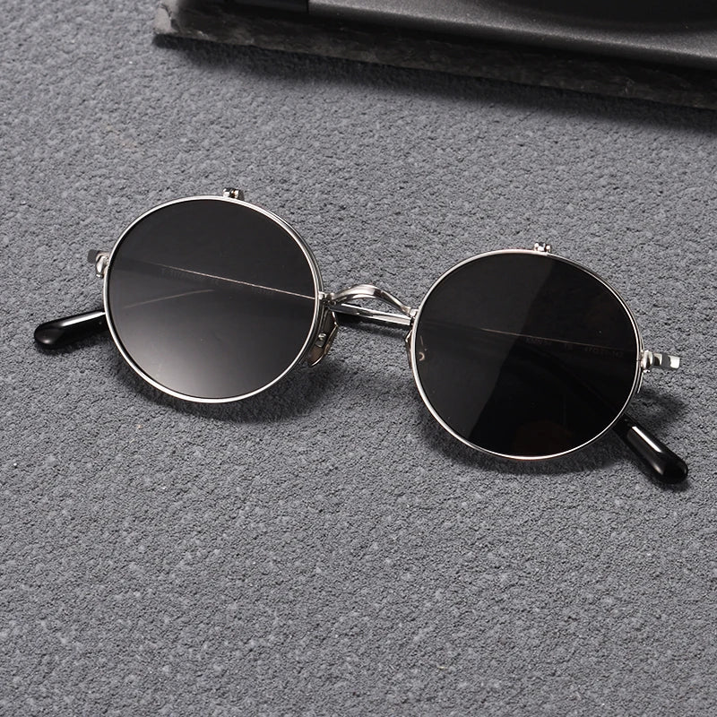 Black Mask Unisex Semi Rim Round Titanium Flip Up Polarized Sunglasses Eyeglasses K54 Sunglasses Black Mask Silver