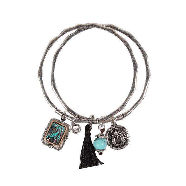 Horse Shoe Charm Bangle Set in Antique Silver by Country Club Prep