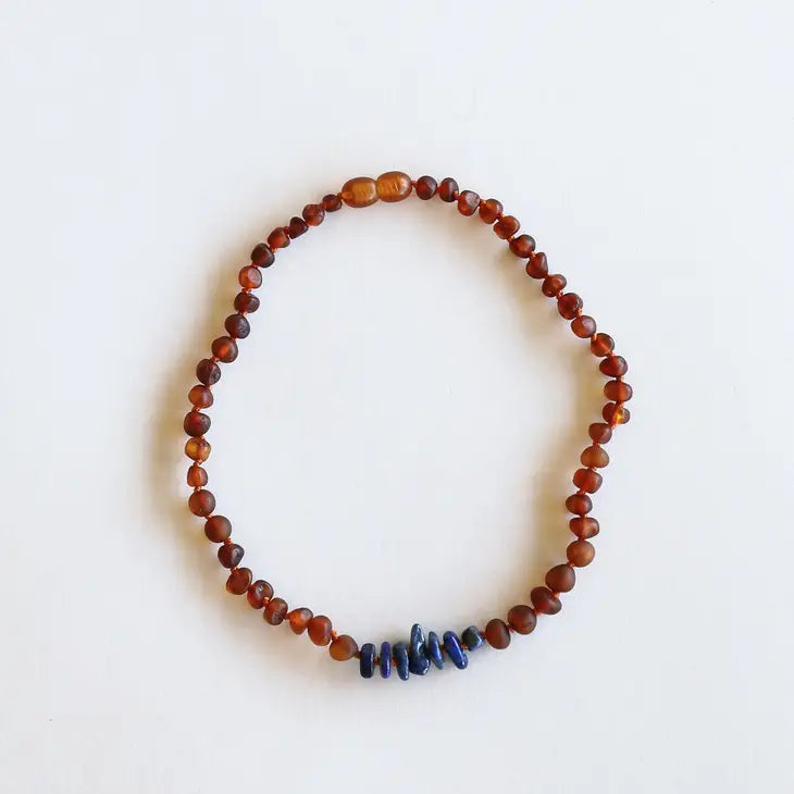 Raw Cognac Amber + Raw Lapis Stone Necklace
