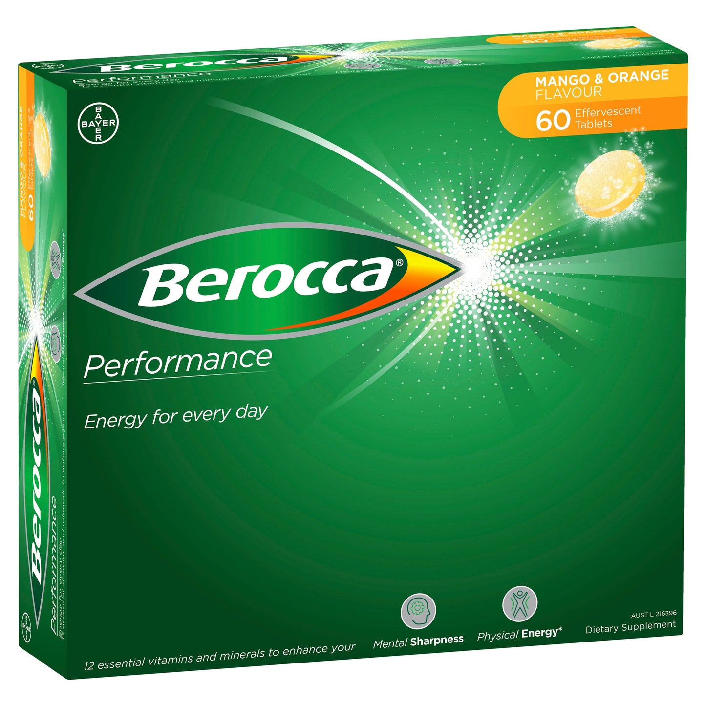 Berocca Vitamin B & C Mango & Orange Flavour Energy Effervescent Tablets 60 Pack