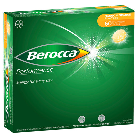 Berocca Vitamin B & C Mango & Orange Flavour Energy Effervescent Tablets 60 Pack