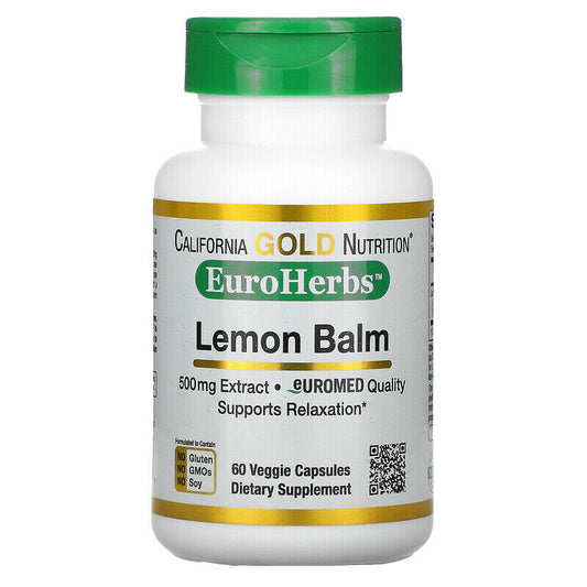 California Gold Nutrition EuroHerbs Lemon Balm Extract Veg 500mg 60 caps NEW