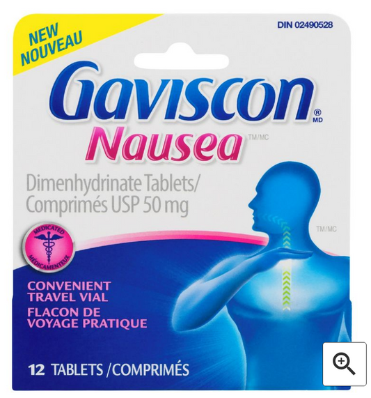 Gaviscon Nausea Dimenhydrinate Tablet Nausea Convenient Travel Vial 12pcs NEW