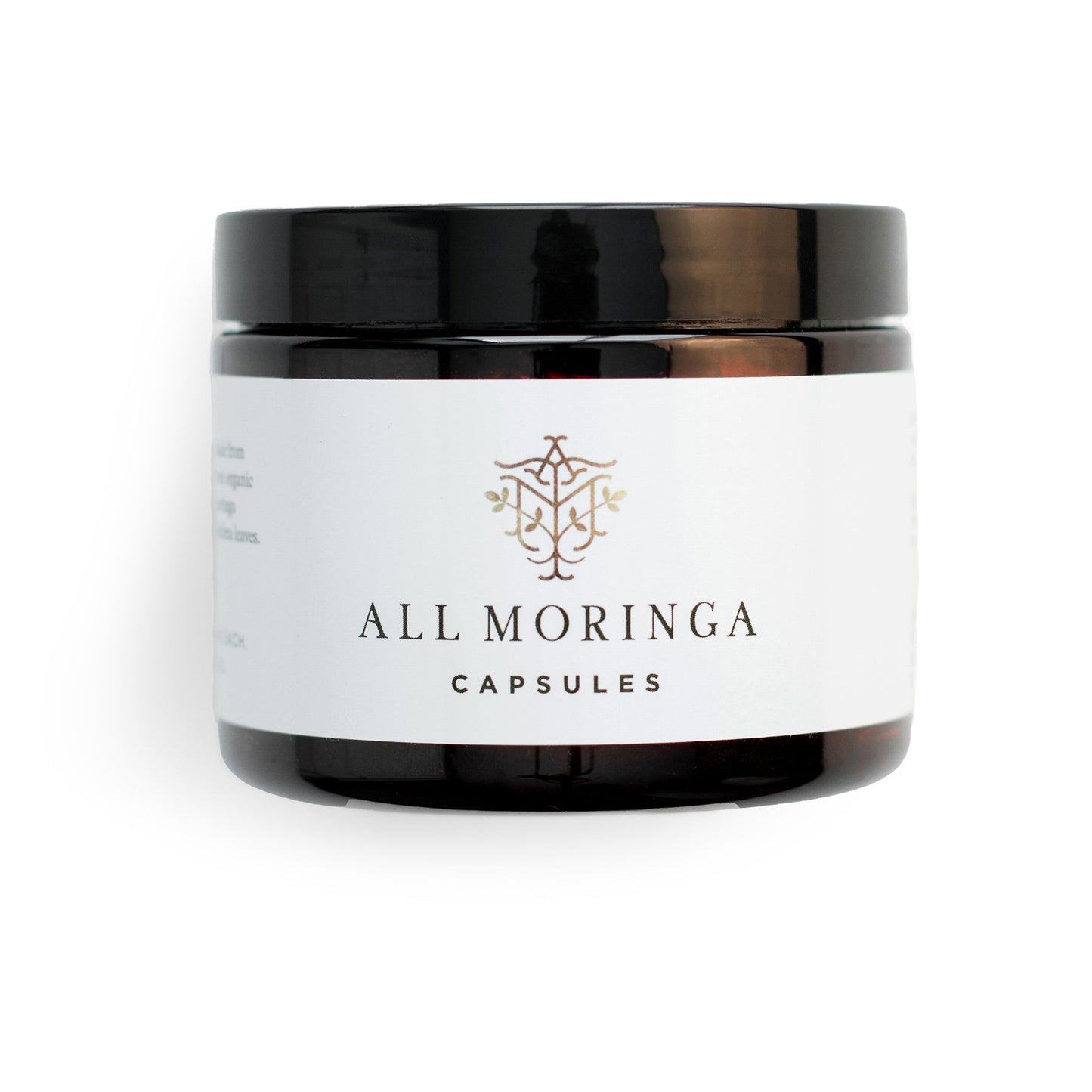 organoc moringa leaf powder capsules in a plastic jar