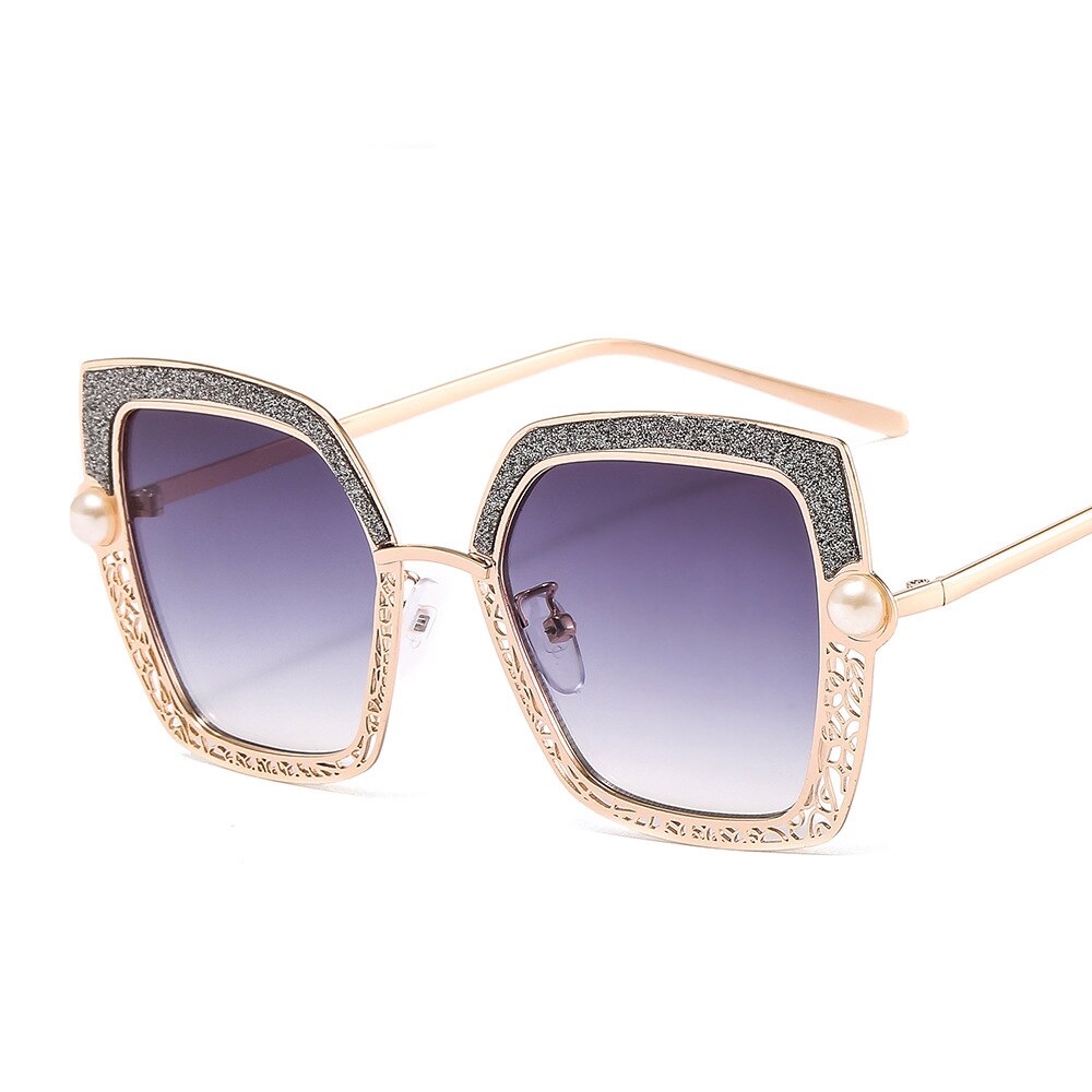 CCSpace Women's Full Rim Square Cat Eye Hollow Pearl Alloy Frame Sunglasses 46548 Sunglasses CCspace Sunglasses C1Gold-Gray