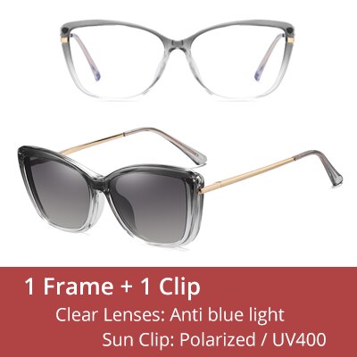 Ralferty Women's Full Rim Square Cat Eye Acetate Eyeglasses With Polarized Clip On Sunglasses D95335 Clip On Sunglasses Ralferty C2 Gray