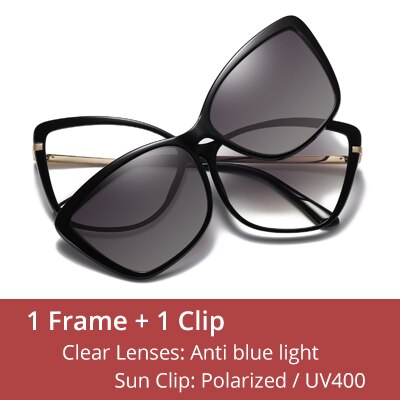 Ralferty Women's Full Rim Square Cat Eye Acetate Eyeglasses With Polarized Clip On Sunglasses D95335 Clip On Sunglasses Ralferty C1 Black