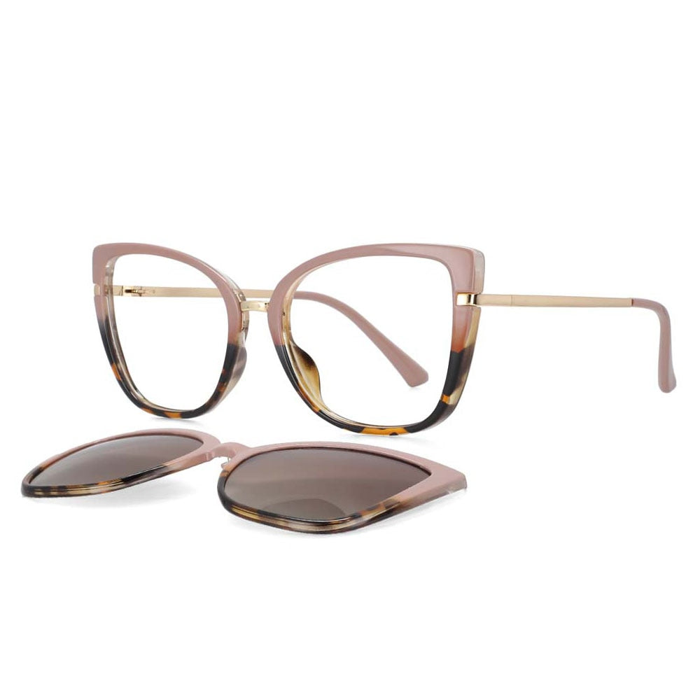 CCSpace Unisex Full Rim Cat Eye Tr 90 Titanium Frame Eyeglasses Clip On Sunglasses 53752 Clip On Sunglasses CCspace pink-leopard