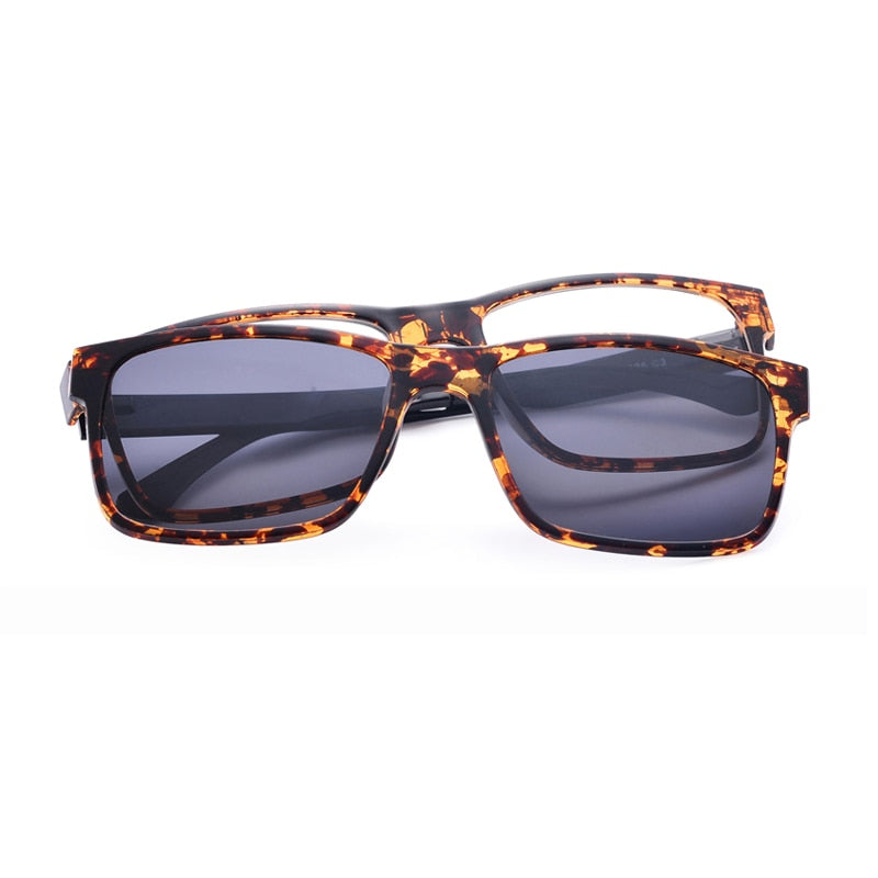 Oveliness Unisex Full Rim Square Tr 90 Titanium Eyeglasses Polarized Clip On Sunglasses 1641 Clip On Sunglasses Oveliness tortoise grey