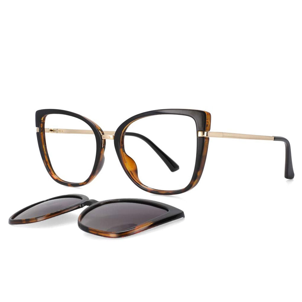 CCSpace Unisex Full Rim Cat Eye Tr 90 Titanium Frame Eyeglasses Clip On Sunglasses 53752 Clip On Sunglasses CCspace black-leopard