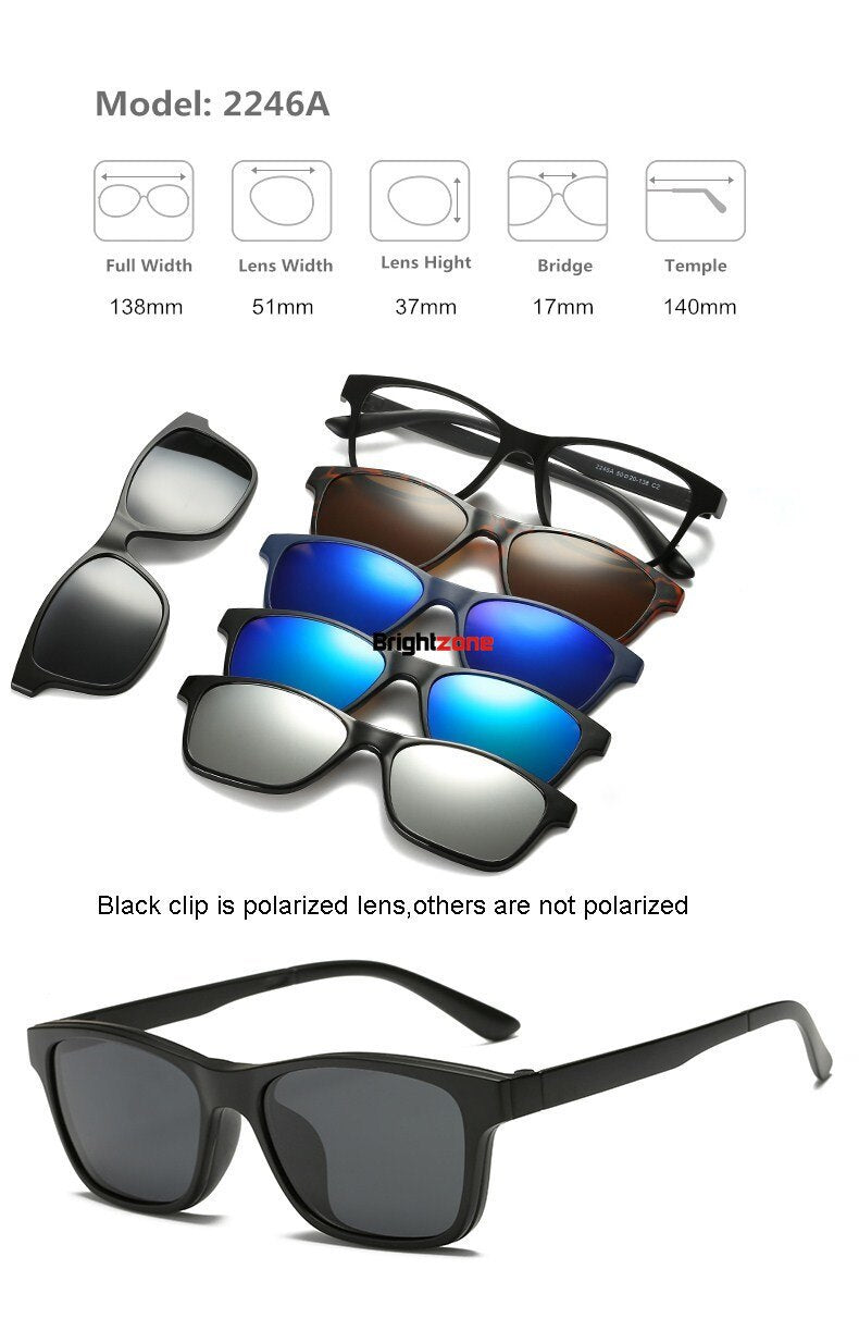 Unisex Eyeglasses Clip On Sunglasses 5 +1 Set 2201 Clip On Sunglasses Brightzone 2246A