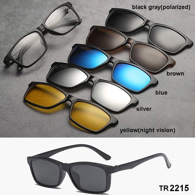 Men's Magnetic Clip-On 5 Piece Sunglasses Tr90 Frame Eyeglasses Sb31 Sunglasses Brightzone TR2215