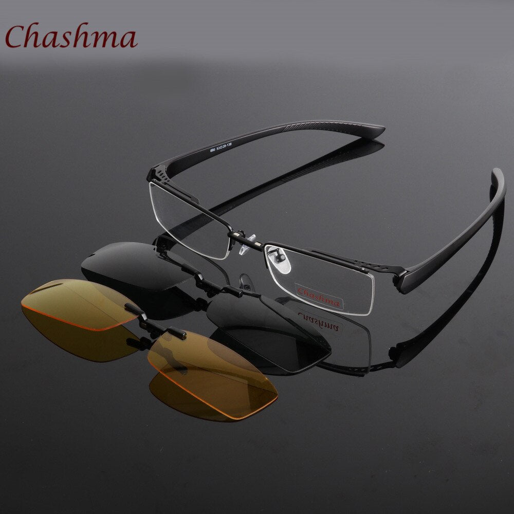 Chashma Ochki Men's Semi Rim Rectangle Alloy Eyeglasses Clip On Polarized Sunglasses 680 Sunglasses Chashma Ochki Black