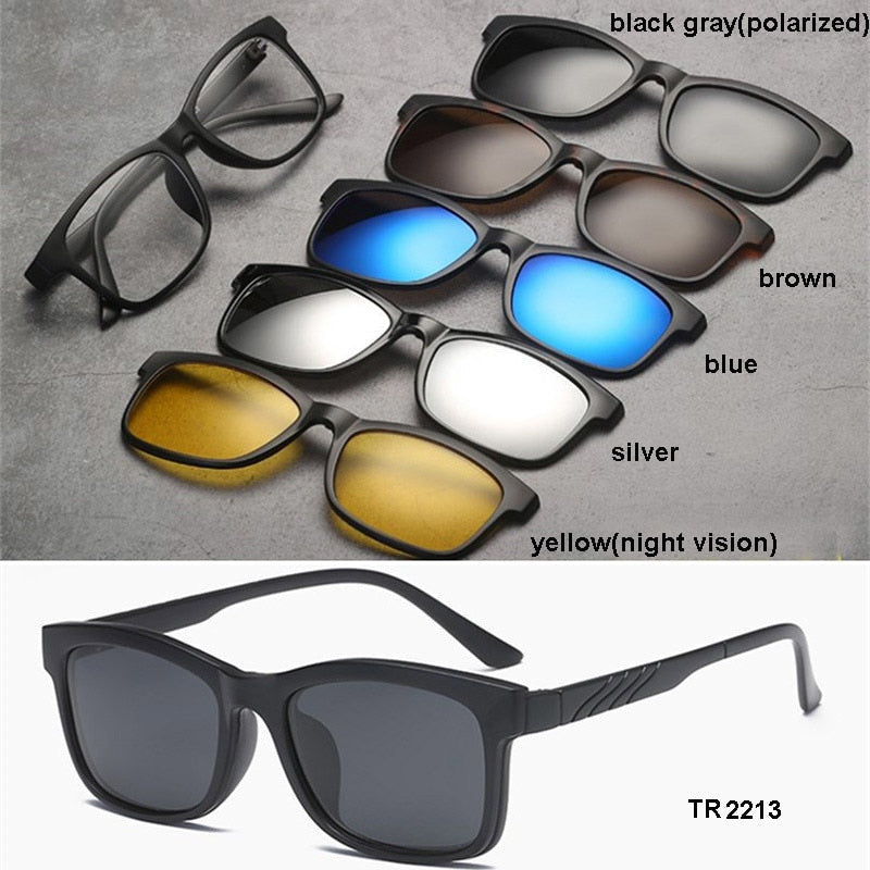 Men's Magnetic Clip-On 5 Piece Sunglasses Tr90 Frame Eyeglasses Sb31 Sunglasses Brightzone TR2213