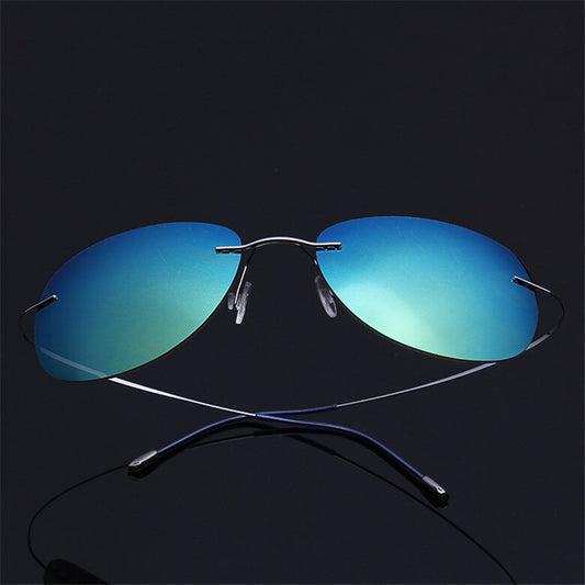 Men's Sunglasses Pure Titanium Rimless Polarized Ultra-light Flexible Sunglasses Brightzone Silver Blue Green