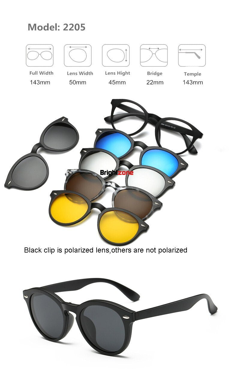 Unisex Eyeglasses Clip On Sunglasses 5 +1 Set 2201 Clip On Sunglasses Brightzone 2205A