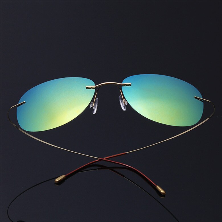 Men's Sunglasses Pure Titanium Rimless Polarized Ultra-light Flexible Sunglasses Brightzone Gold Blue