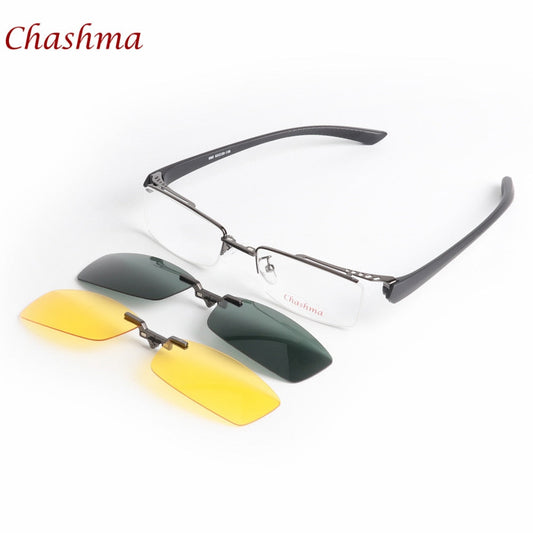 Chashma Ochki Men's Semi Rim Rectangle Alloy Eyeglasses Clip On Polarized Sunglasses 680 Sunglasses Chashma Ochki Gray