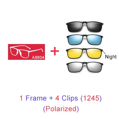 Ralferty Magnetic Sunglasses Men 5 In 1 Polarized Clip On Women Square Sunglases Ultra-Light Night Vision Glasses A8804 Clip On Sunglasses Ralferty 1 Frame 4 Clips 1245 Blue Frame