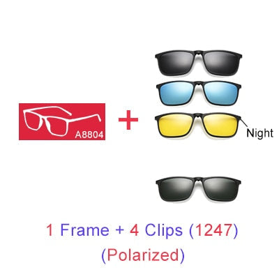 Ralferty Magnetic Sunglasses Men 5 In 1 Polarized Clip On Women Square Sunglases Ultra-Light Night Vision Glasses A8804 Clip On Sunglasses Ralferty 1 Frame 4 Clips 1247 Blue Frame
