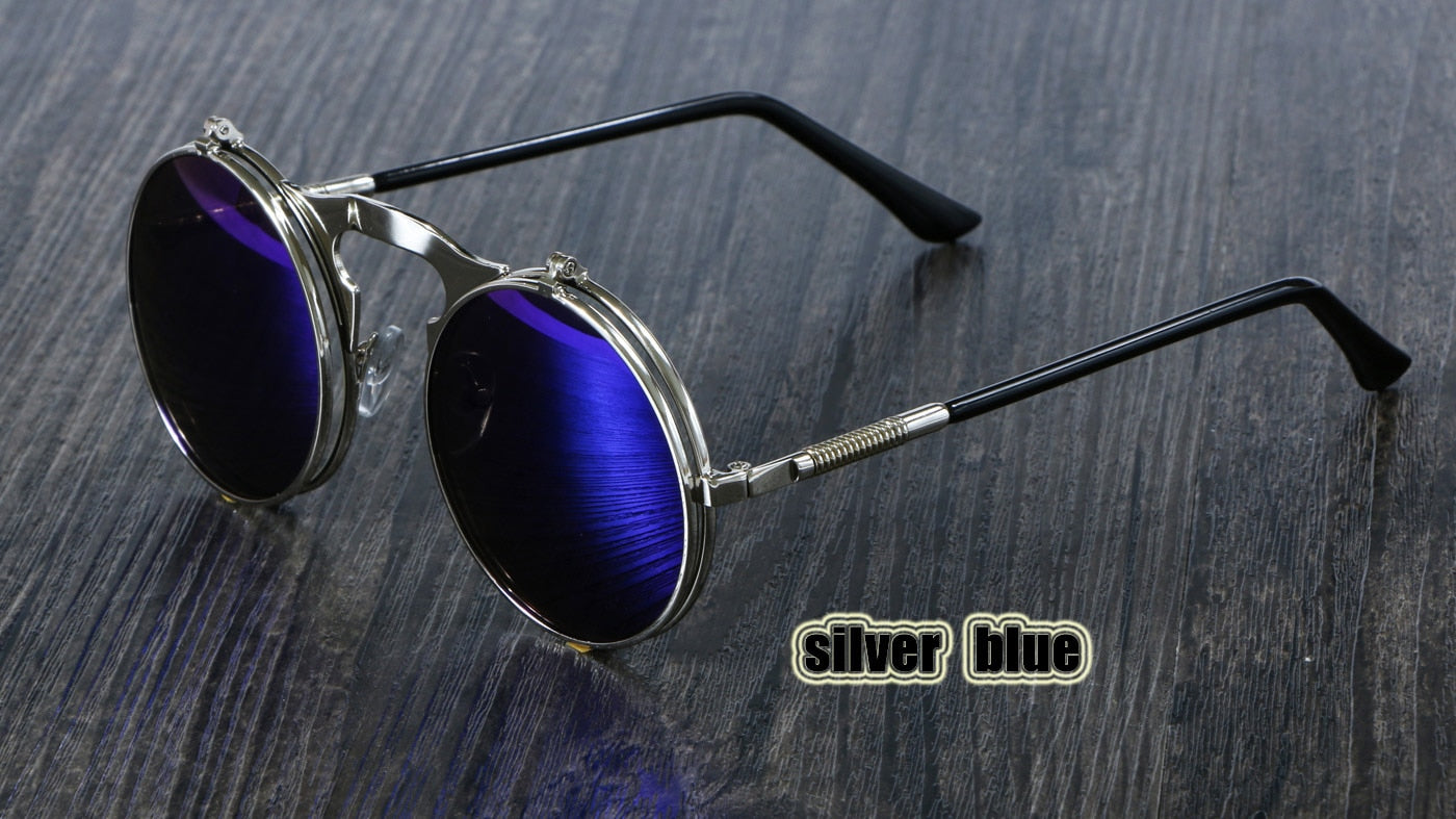 CCspace Unisex Full Rim Round Alloy Frame Steampunk Sunglasses 3057 Sunglasses CCspace Sunglasses silver blue
