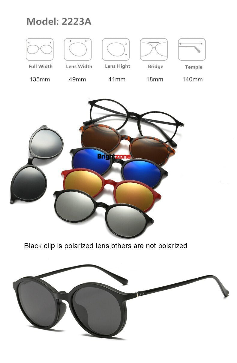 Unisex Eyeglasses Clip On Sunglasses 5 +1 Set 2201 Clip On Sunglasses Brightzone 2223A