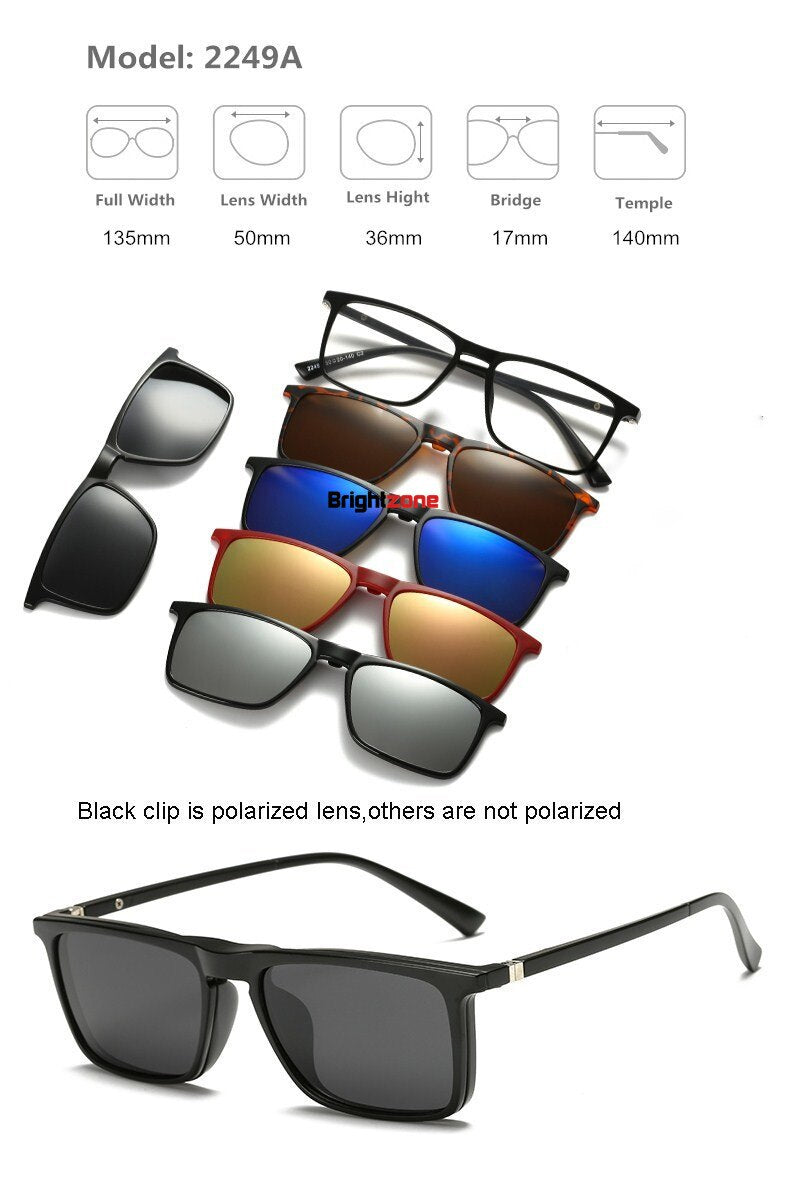 Unisex Eyeglasses Clip On Sunglasses 5 +1 Set 2201 Clip On Sunglasses Brightzone 2249A