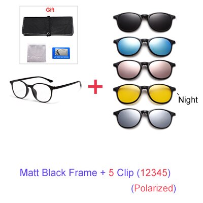 Ralferty 6 In 1 Magnet Sunglasses Women Polarized Eyeglass Frame With Clip On Glasses Men Round Uv400 Tr90 3D Yellow A2245 Sunglasses Ralferty 1Frame 5 Clip 12345