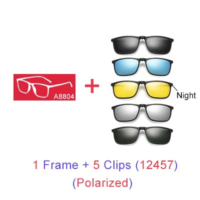 Ralferty Magnetic Sunglasses Men 5 In 1 Polarized Clip On Women Square Sunglases Ultra-Light Night Vision Glasses A8804 Clip On Sunglasses Ralferty 1 Frame 5 Clip 12457 Blue Frame