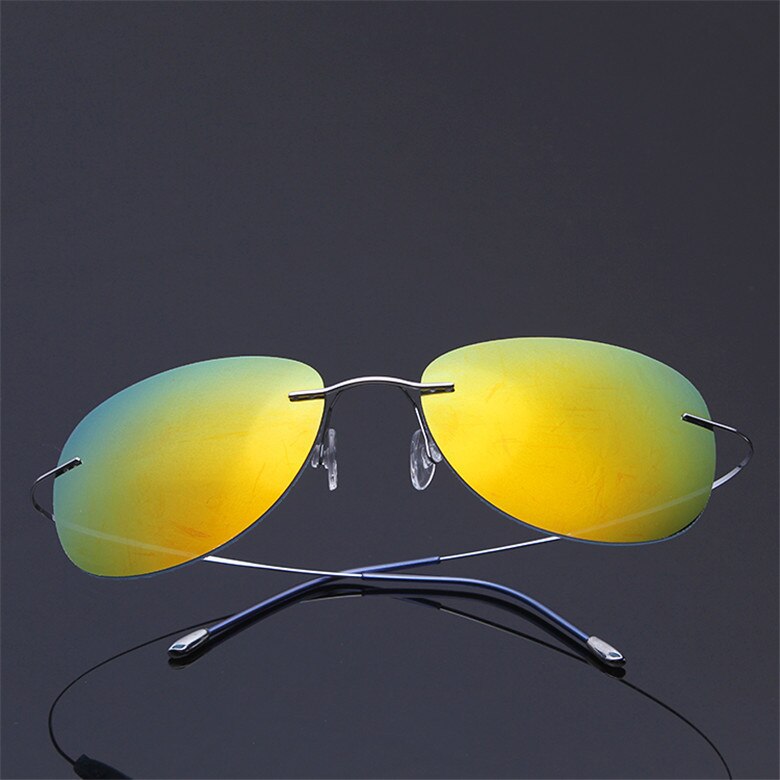Men's Sunglasses Pure Titanium Rimless Polarized Ultra-light Flexible Sunglasses Brightzone Silver Yellow