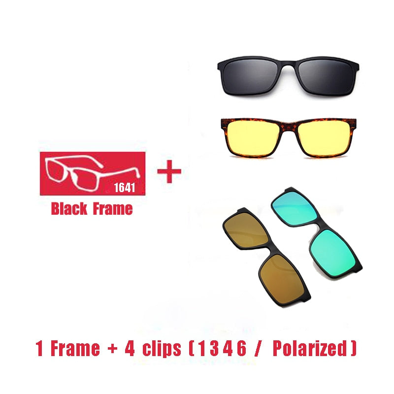 Oveliness Unisex Full Rim Square Tr 90 Titanium Eyeglasses Polarized Clip On Sunglasses 1641 Clip On Sunglasses Oveliness 1F 4 clips 1 3 4 6