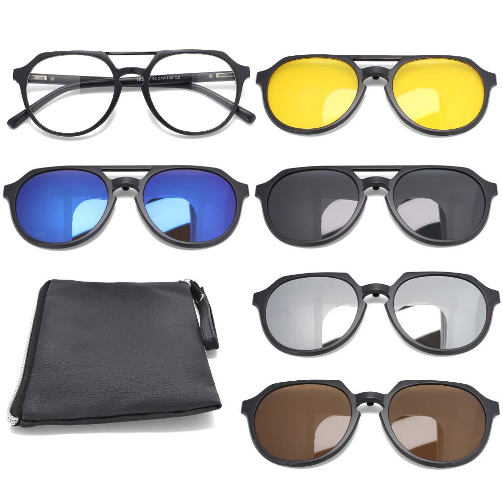 CCSpace Unisex Full Rim Round Tr 90 Titanium Frame Eyeglasses Clip On 5 Piece Lens Sunglasses 53882 Sunglasses CCspace Default Title