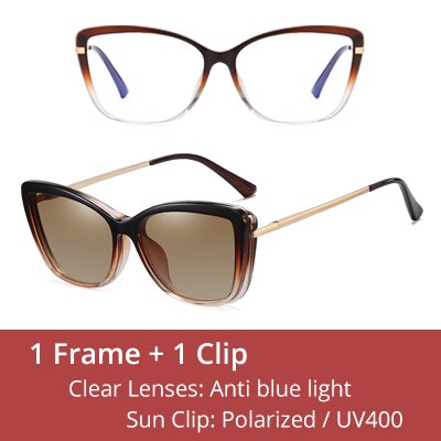 Ralferty Women's Full Rim Square Cat Eye Acetate Eyeglasses With Polarized Clip On Sunglasses D95335 Clip On Sunglasses Ralferty C4 Brown