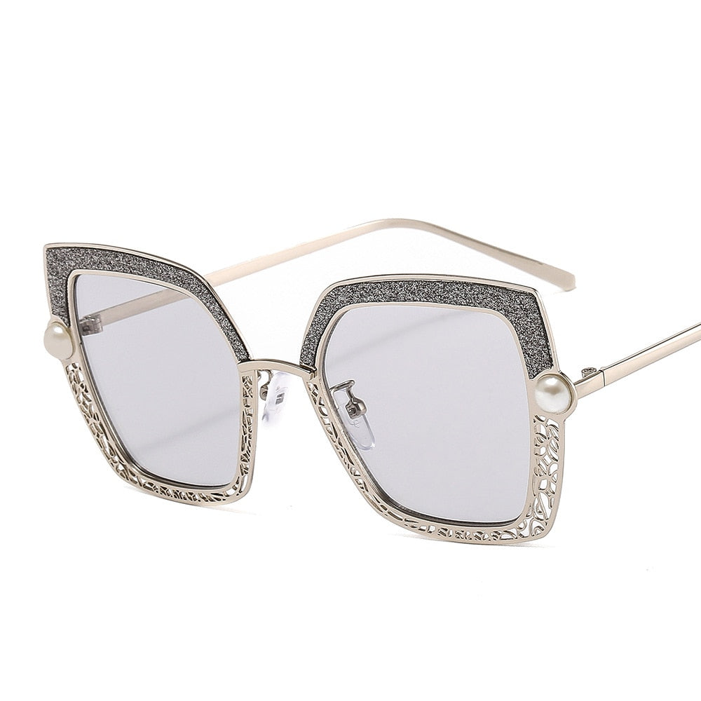 CCSpace Women's Full Rim Square Cat Eye Hollow Pearl Alloy Frame Sunglasses 46548 Sunglasses CCspace Sunglasses C4Silver-Gray