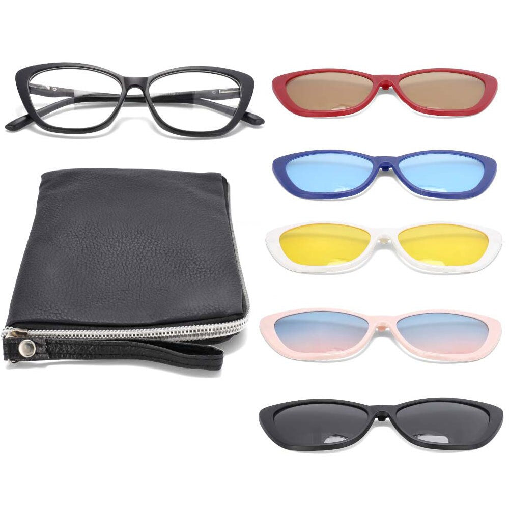 CCSpace Unisex Full Rim Cat Eye Tr 90 Titanium Frame Eyeglasses Clip On 5 Piece Lens Sunglasses 53880 Sunglasses CCspace Default Title