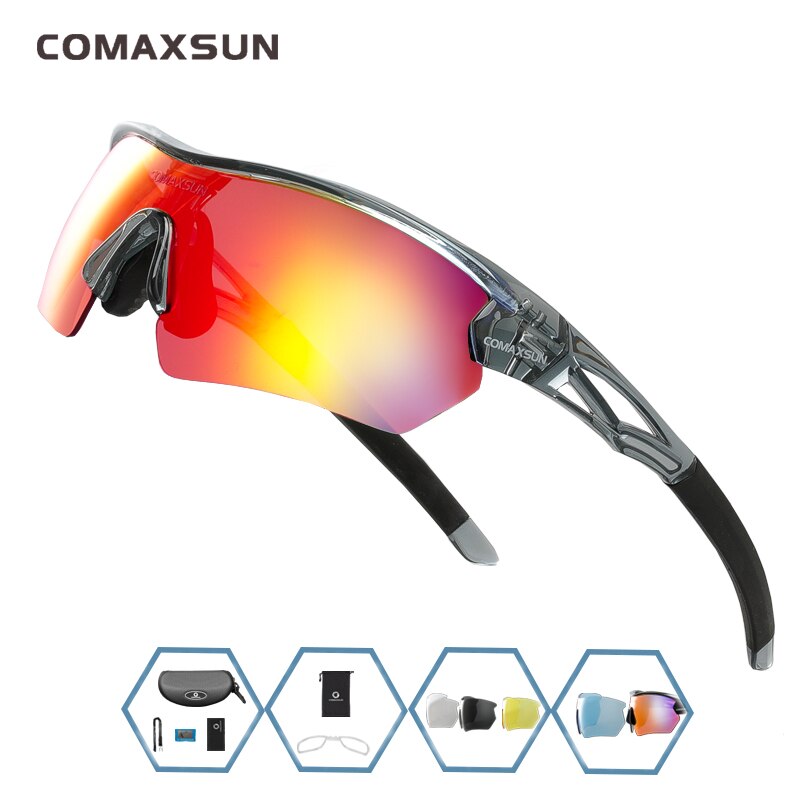 Unisex Polarized Cycling Glasses MTB TR-90 Sunglasses 5 Shades STS821 Sunglasses Comaxsun Gray Black