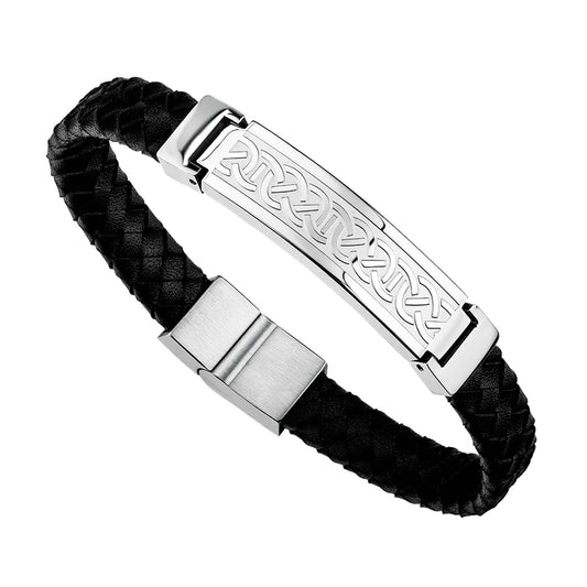 Steel and Black Leather Celtic Knot Bracelet