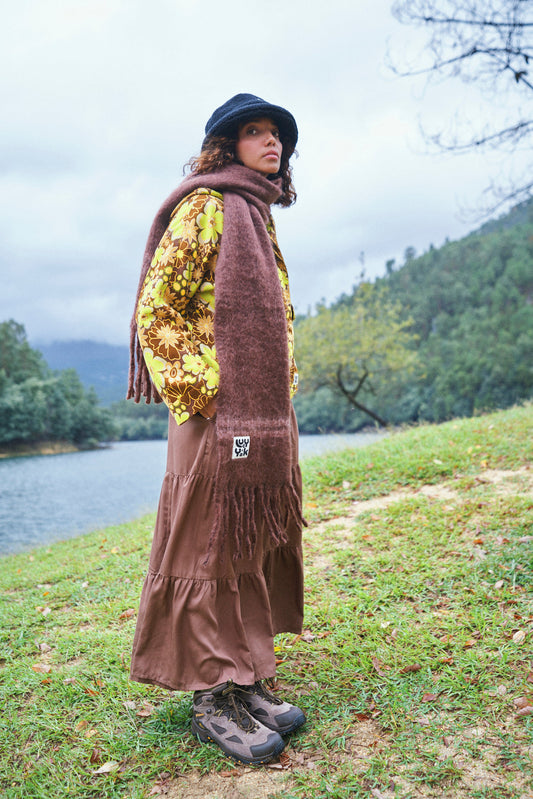 Rowan Scarf: RECYCLED POLYESTER - Brown with Pink Stripe