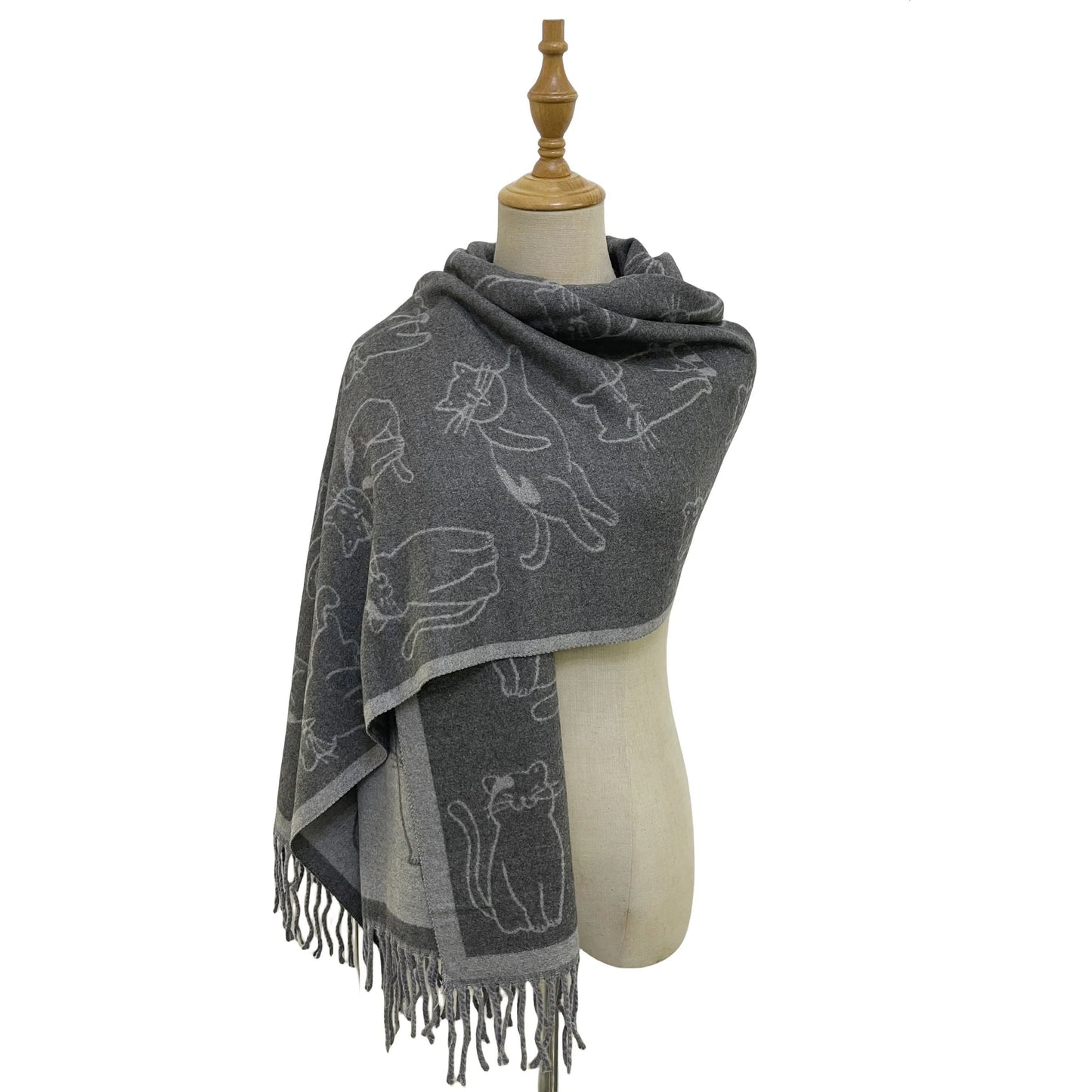 Cute Cat Tassel Scarf Grey